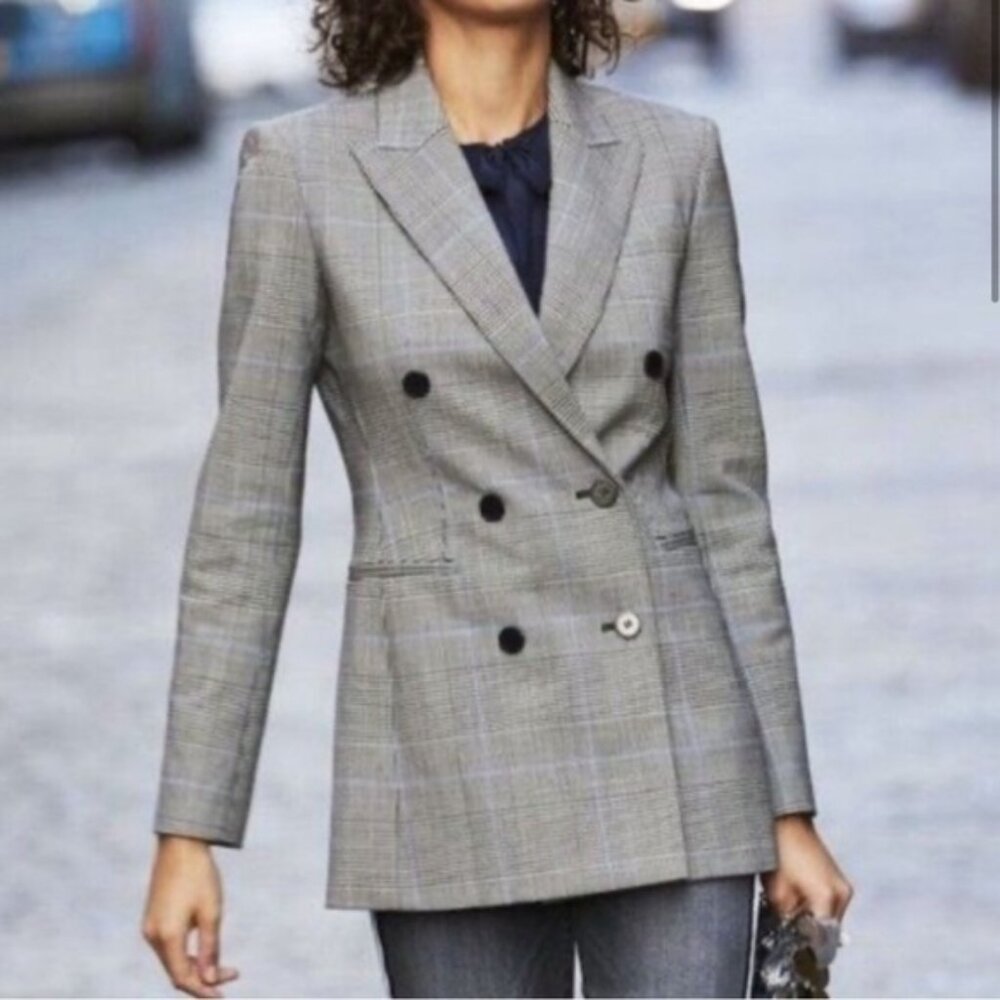Theory Power Portland Windowpane plaid double breasted wool blazer - Size 2